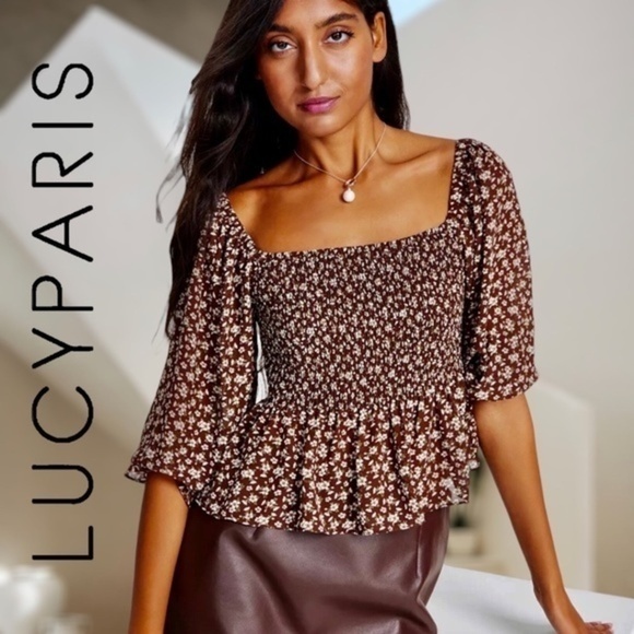 LUCY PARIS Brown Floral 3/4 Sleeve Scoop Neck Ruffle Hem Smocked Top NWT/MD - Picture 1 of 12